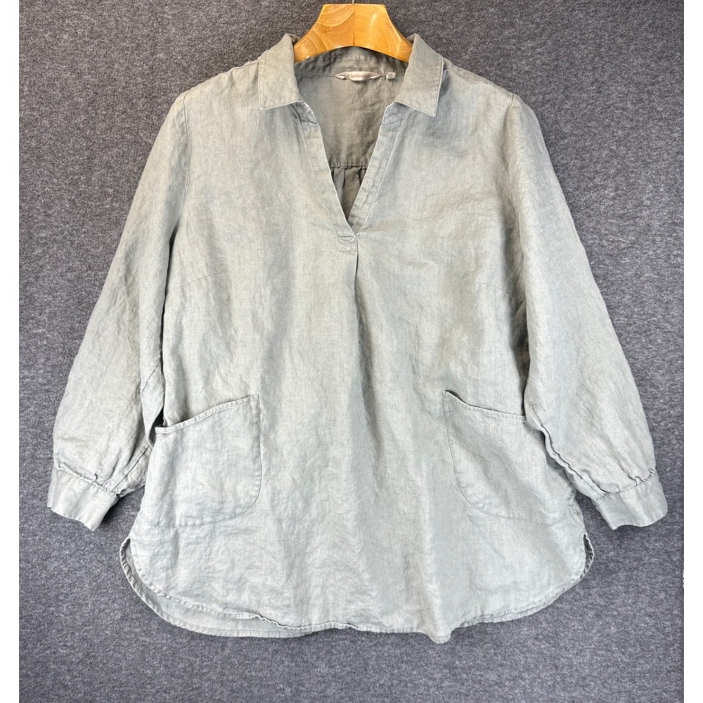 Soft Surroundings Linen Tunic Women 1X Sage Top Split Neck Pockets Coastal Yacht